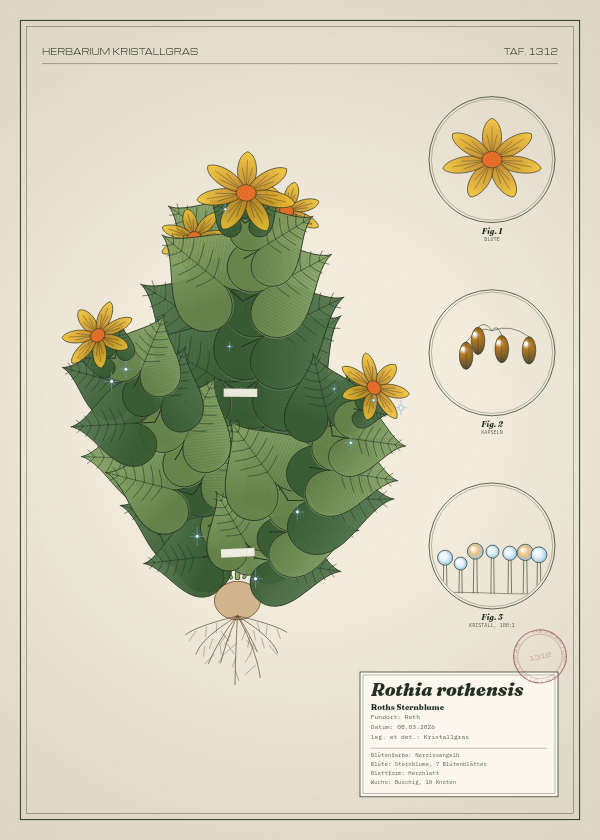 Botanische Tafel: Rothia rothensis, eine erfundene Pflanze aus Roth, gezeichnet wie in einem alten Pflanzenatlas