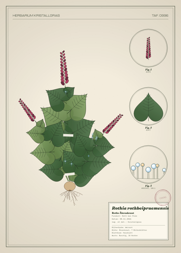 Botanische Tafel: Rothia rothbeipruemensis, eine erfundene Pflanze aus Roth bei Prüm, gezeichnet wie in einem alten Pflanzenatlas