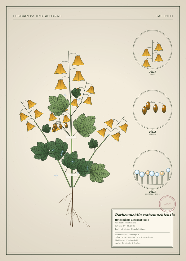 Botanische Tafel: Rothemuehlia rothemuehlensis, eine erfundene Pflanze aus Rothemühl, gezeichnet wie in einem alten Pflanzenatlas