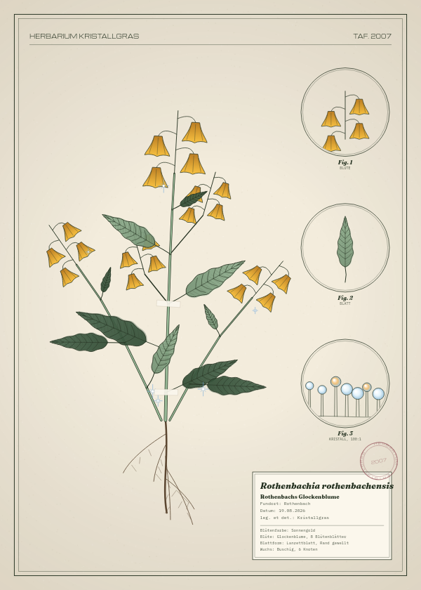 Botanische Tafel: Rothenbachia rothenbachensis, eine erfundene Pflanze aus Rothenbach, gezeichnet wie in einem alten Pflanzenatlas
