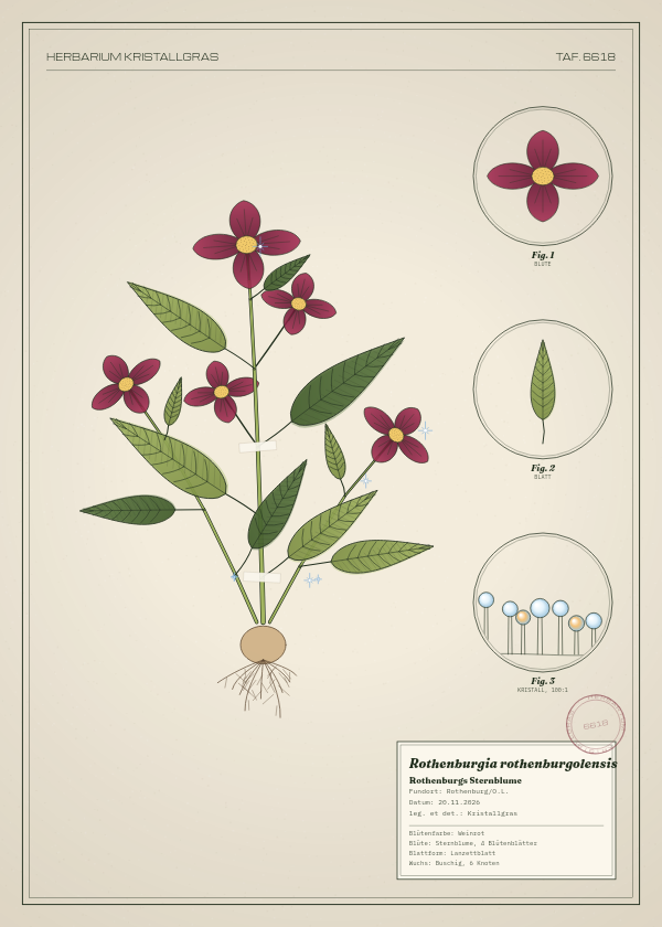 Botanische Tafel: Rothenburgia rothenburgolensis, eine erfundene Pflanze aus Rothenburg/O.L., gezeichnet wie in einem alten Pflanzenatlas