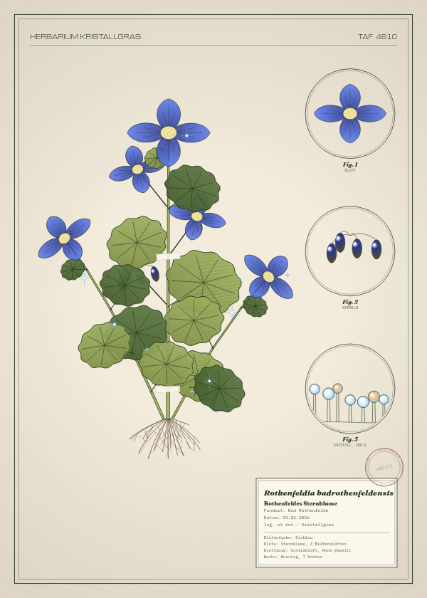 Botanische Tafel: Rothenfeldia badrothenfeldensis, eine erfundene Pflanze aus Bad Rothenfelde, gezeichnet wie in einem alten Pflanzenatlas