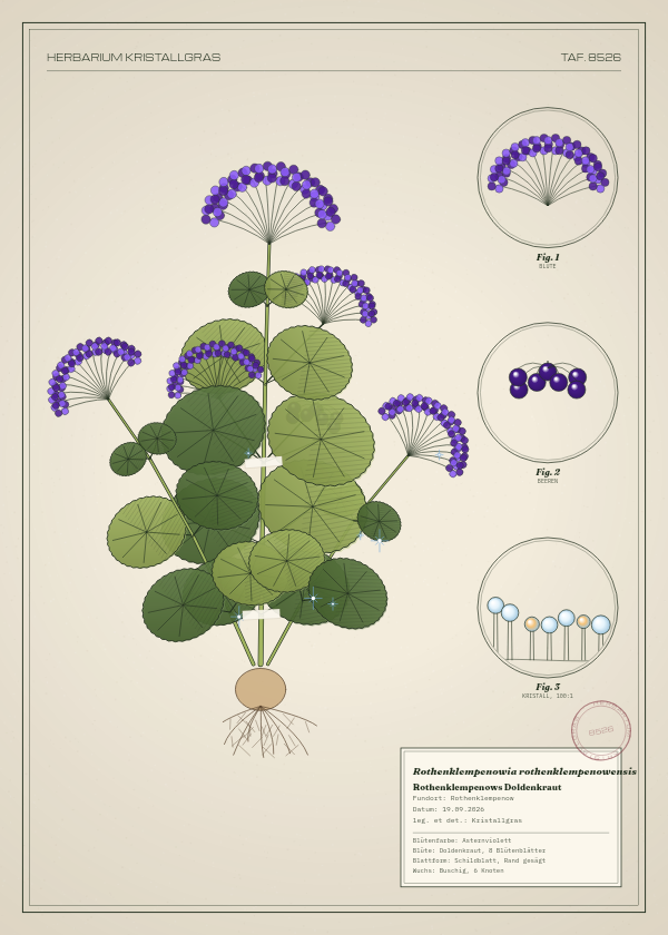 Botanische Tafel: Rothenklempenowia rothenklempenowensis, eine erfundene Pflanze aus Rothenklempenow, gezeichnet wie in einem alten Pflanzenatlas