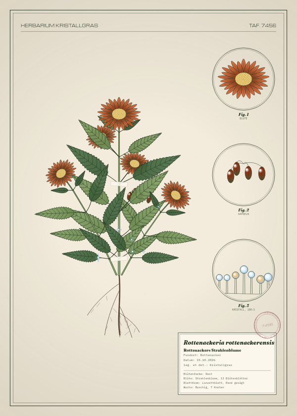 Botanische Tafel: Rottenackeria rottenackerensis, eine erfundene Pflanze aus Rottenacker, gezeichnet wie in einem alten Pflanzenatlas