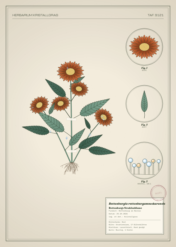 Botanische Tafel: Rottenburgia rottenburgamneckarensis, eine erfundene Pflanze aus Rottenburg am Neckar, gezeichnet wie in einem alten Pflanzenatlas