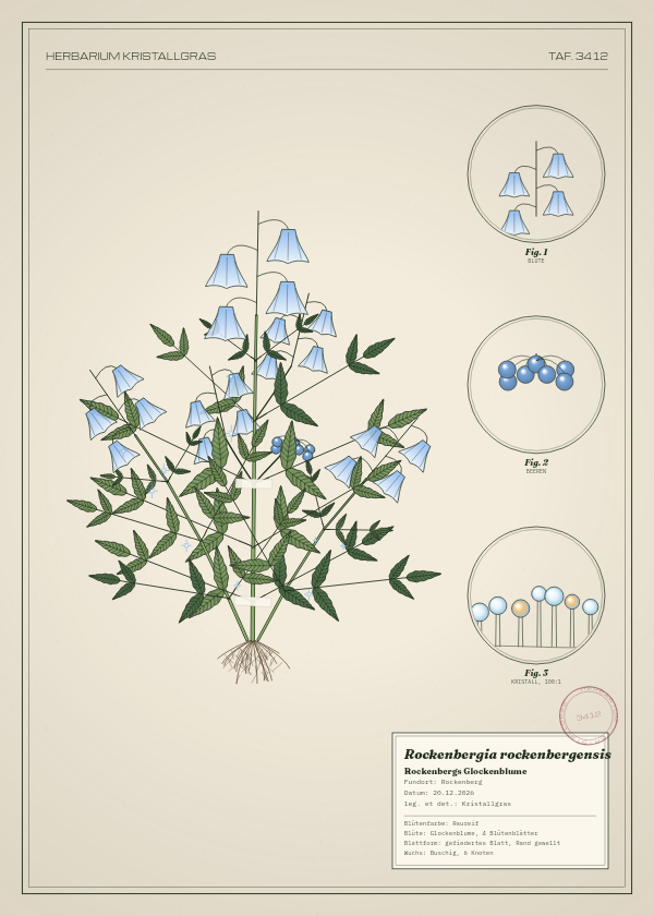 Botanische Tafel: Rockenbergia rockenbergensis, eine erfundene Pflanze aus Rockenberg, gezeichnet wie in einem alten Pflanzenatlas