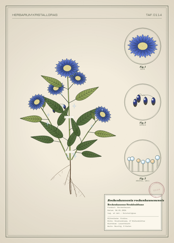 Botanische Tafel: Rockenhausenia rockenhausenensis, eine erfundene Pflanze aus Rockenhausen, gezeichnet wie in einem alten Pflanzenatlas