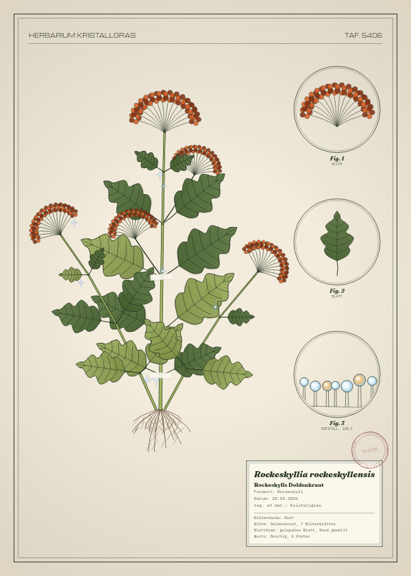 Botanische Tafel: Rockeskyllia rockeskyllensis, eine erfundene Pflanze aus Rockeskyll, gezeichnet wie in einem alten Pflanzenatlas