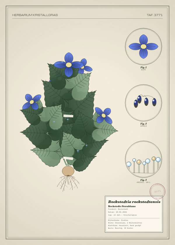 Botanische Tafel: Rockstedtia rockstedtensis, eine erfundene Pflanze aus Rockstedt, gezeichnet wie in einem alten Pflanzenatlas