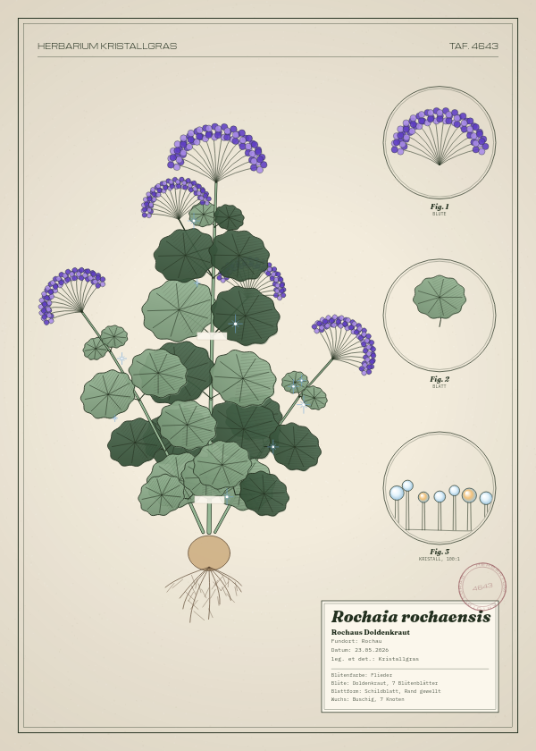 Botanische Tafel: Rochaia rochaensis, eine erfundene Pflanze aus Rochau, gezeichnet wie in einem alten Pflanzenatlas