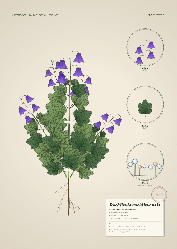 Botanische Tafel: Rochlitzia rochlitzensis, eine erfundene Pflanze aus Rochlitz, gezeichnet wie in einem alten Pflanzenatlas