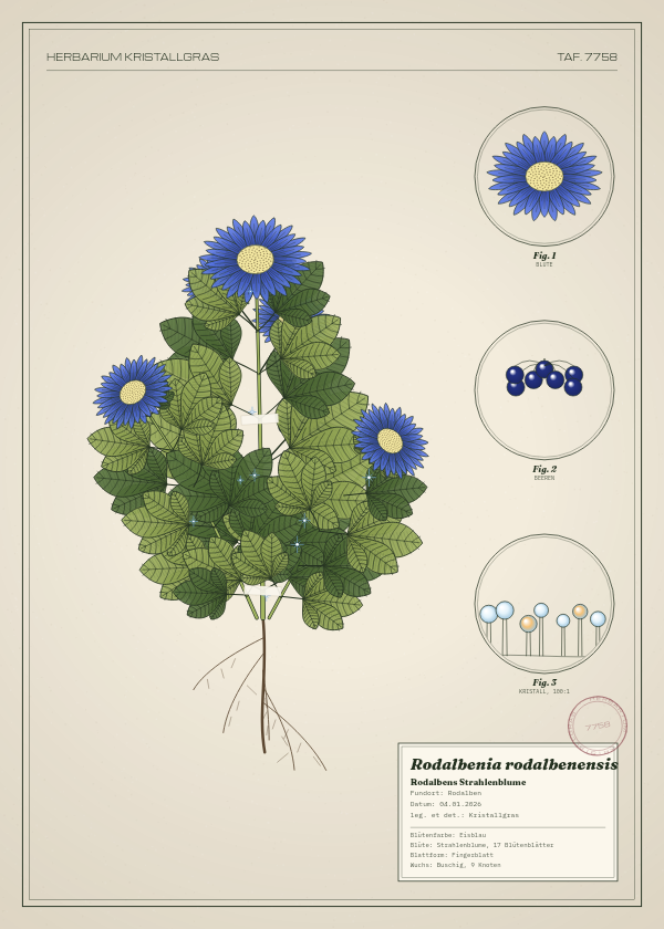 Botanische Tafel: Rodalbenia rodalbenensis, eine erfundene Pflanze aus Rodalben, gezeichnet wie in einem alten Pflanzenatlas