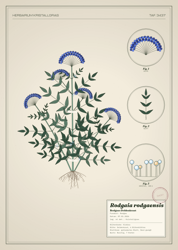 Botanische Tafel: Rodgaia rodgaensis, eine erfundene Pflanze aus Rodgau, gezeichnet wie in einem alten Pflanzenatlas
