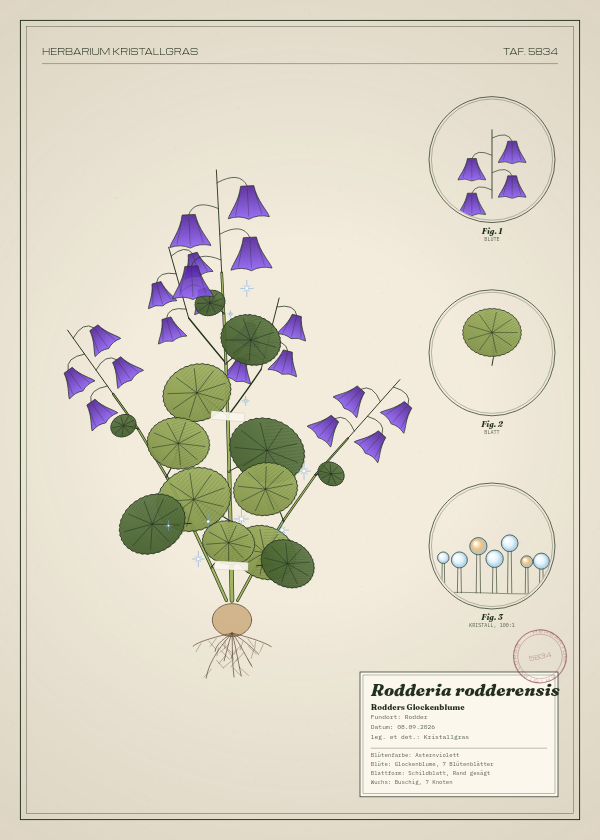 Botanische Tafel: Rodderia rodderensis, eine erfundene Pflanze aus Rodder, gezeichnet wie in einem alten Pflanzenatlas