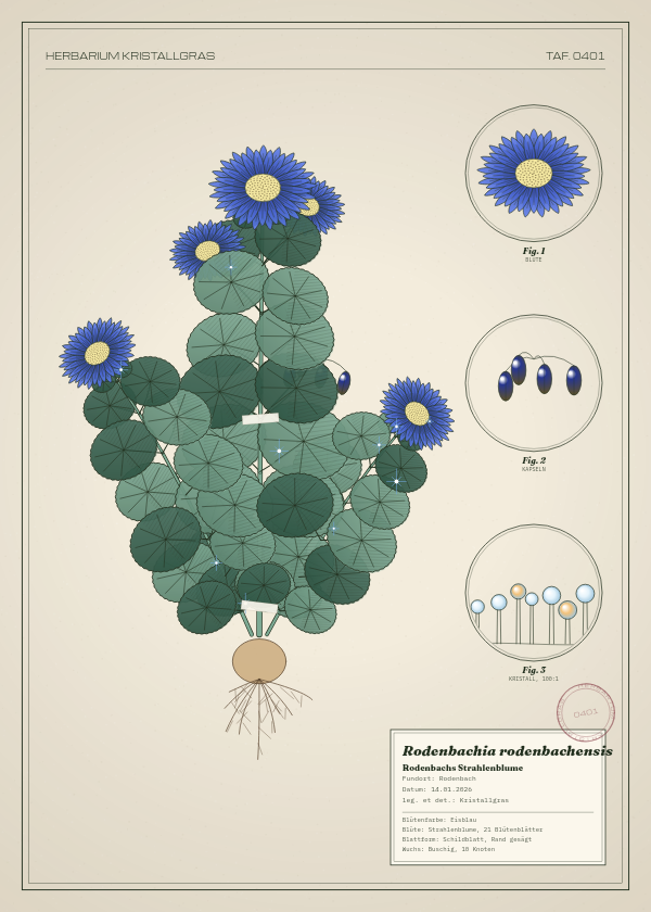 Botanische Tafel: Rodenbachia rodenbachensis, eine erfundene Pflanze aus Rodenbach, gezeichnet wie in einem alten Pflanzenatlas