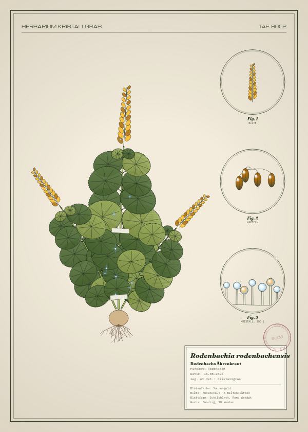 Botanische Tafel: Rodenbachia rodenbachensis, eine erfundene Pflanze aus Rodenbach, gezeichnet wie in einem alten Pflanzenatlas