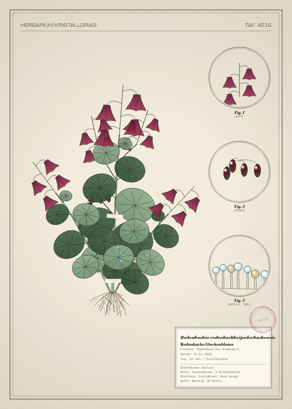 Botanische Tafel: Rodenbachia rodenbachbeipuderbachensis, eine erfundene Pflanze aus Rodenbach bei Puderbach, gezeichnet wie in einem alten Pflanzenatlas