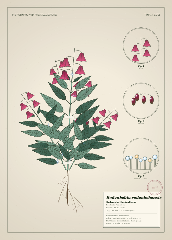 Botanische Tafel: Rodenbekia rodenbekensis, eine erfundene Pflanze aus Rodenbek, gezeichnet wie in einem alten Pflanzenatlas
