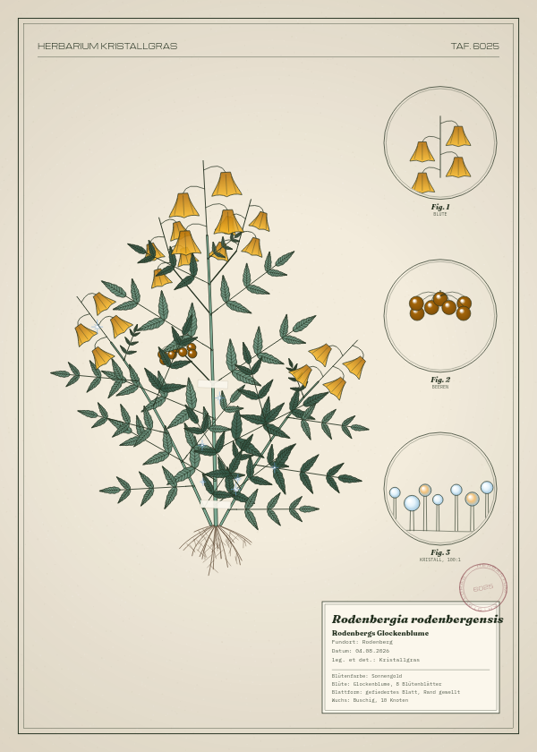 Botanische Tafel: Rodenbergia rodenbergensis, eine erfundene Pflanze aus Rodenberg, gezeichnet wie in einem alten Pflanzenatlas