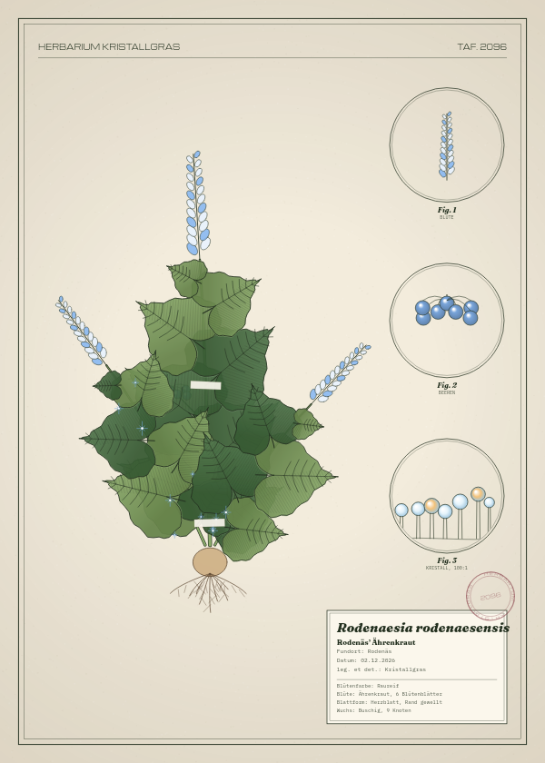 Botanische Tafel: Rodenaesia rodenaesensis, eine erfundene Pflanze aus Rodenäs, gezeichnet wie in einem alten Pflanzenatlas
