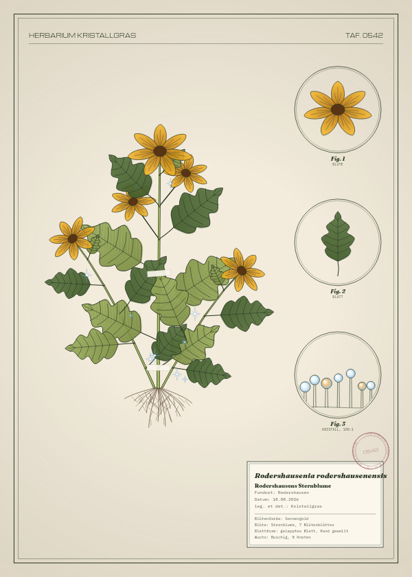 Botanische Tafel: Rodershausenia rodershausenensis, eine erfundene Pflanze aus Rodershausen, gezeichnet wie in einem alten Pflanzenatlas