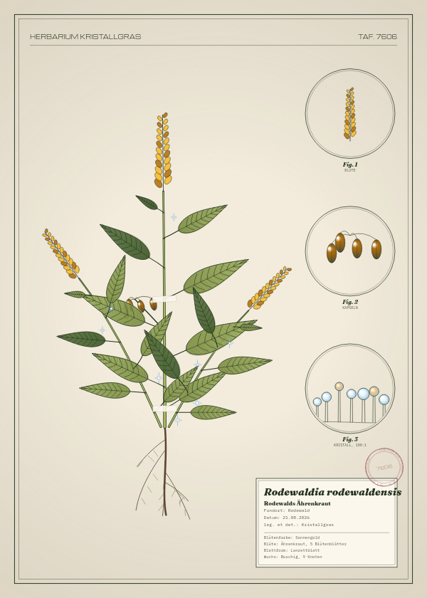 Botanische Tafel: Rodewaldia rodewaldensis, eine erfundene Pflanze aus Rodewald, gezeichnet wie in einem alten Pflanzenatlas