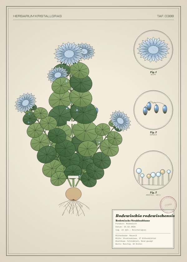 Botanische Tafel: Rodewischia rodewischensis, eine erfundene Pflanze aus Rodewisch, gezeichnet wie in einem alten Pflanzenatlas