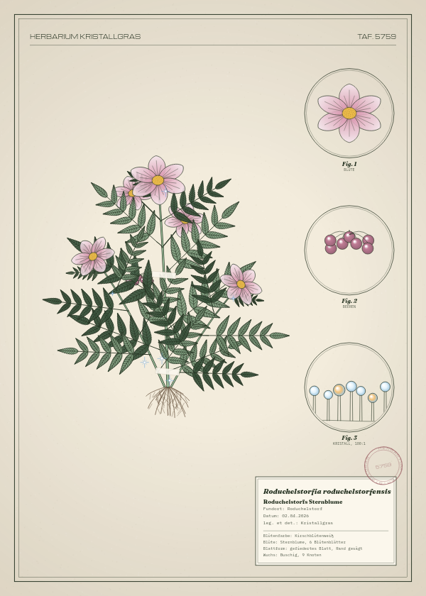 Botanische Tafel: Roduchelstorfia roduchelstorfensis, eine erfundene Pflanze aus Roduchelstorf, gezeichnet wie in einem alten Pflanzenatlas