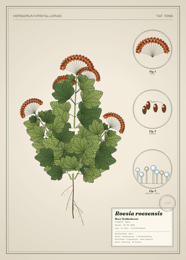 Botanische Tafel: Roesia roesensis, eine erfundene Pflanze aus Roes, gezeichnet wie in einem alten Pflanzenatlas