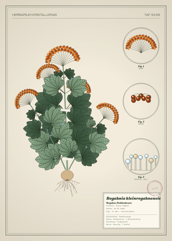 Botanische Tafel: Rogahnia kleinrogahnensis, eine erfundene Pflanze aus Klein Rogahn, gezeichnet wie in einem alten Pflanzenatlas