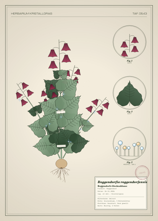 Botanische Tafel: Roggendorfia roggendorfensis, eine erfundene Pflanze aus Roggendorf, gezeichnet wie in einem alten Pflanzenatlas