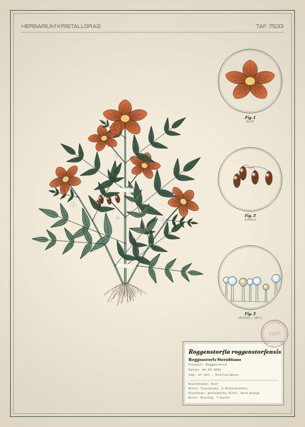 Botanische Tafel: Roggenstorfia roggenstorfensis, eine erfundene Pflanze aus Roggenstorf, gezeichnet wie in einem alten Pflanzenatlas