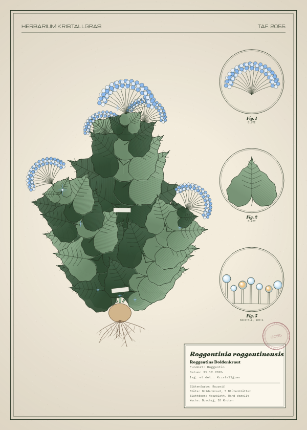 Botanische Tafel: Roggentinia roggentinensis, eine erfundene Pflanze aus Roggentin, gezeichnet wie in einem alten Pflanzenatlas