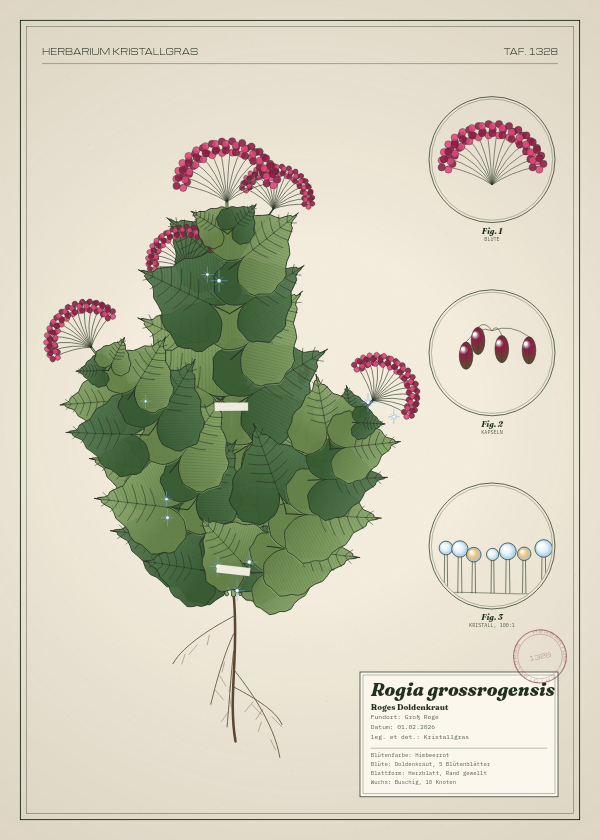 Botanische Tafel: Rogia grossrogensis, eine erfundene Pflanze aus Groß Roge, gezeichnet wie in einem alten Pflanzenatlas