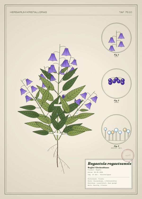 Botanische Tafel: Rogaetzia rogaetzensis, eine erfundene Pflanze aus Rogätz, gezeichnet wie in einem alten Pflanzenatlas