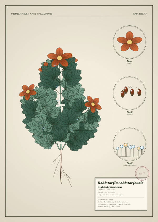 Botanische Tafel: Rohlstorfia rohlstorfensis, eine erfundene Pflanze aus Rohlstorf, gezeichnet wie in einem alten Pflanzenatlas