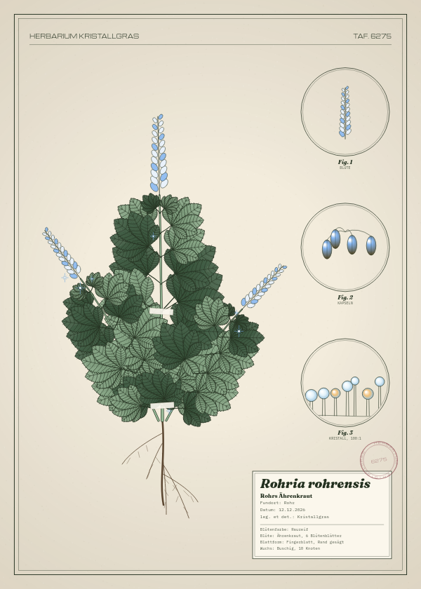 Botanische Tafel: Rohria rohrensis, eine erfundene Pflanze aus Rohr, gezeichnet wie in einem alten Pflanzenatlas