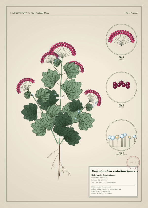 Botanische Tafel: Rohrbachia rohrbachensis, eine erfundene Pflanze aus Rohrbach, gezeichnet wie in einem alten Pflanzenatlas