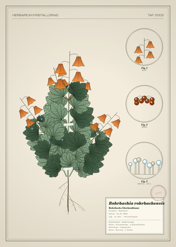 Botanische Tafel: Rohrbachia rohrbachensis, eine erfundene Pflanze aus Rohrbach, gezeichnet wie in einem alten Pflanzenatlas