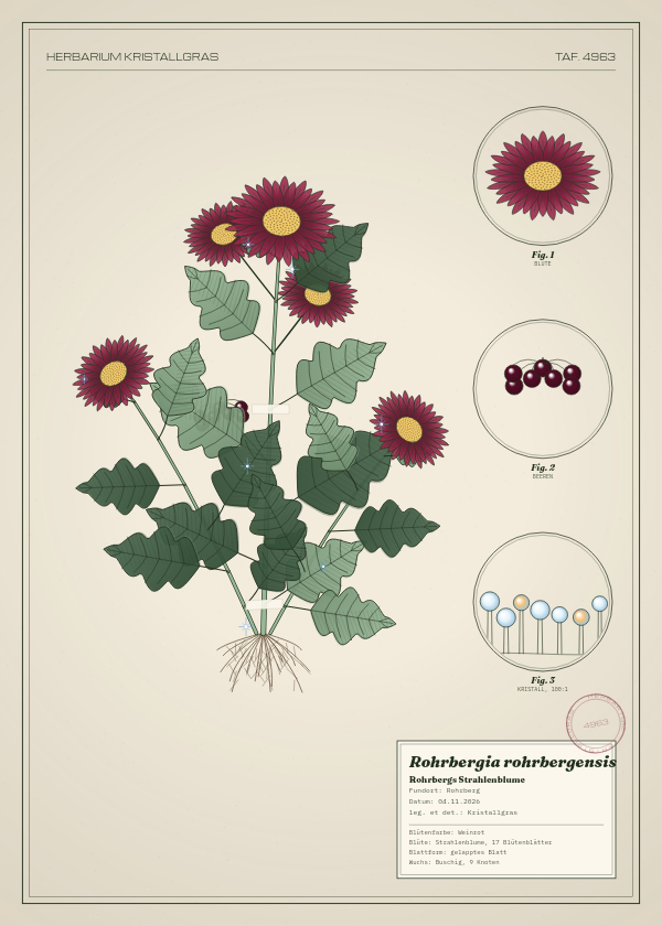 Botanische Tafel: Rohrbergia rohrbergensis, eine erfundene Pflanze aus Rohrberg, gezeichnet wie in einem alten Pflanzenatlas