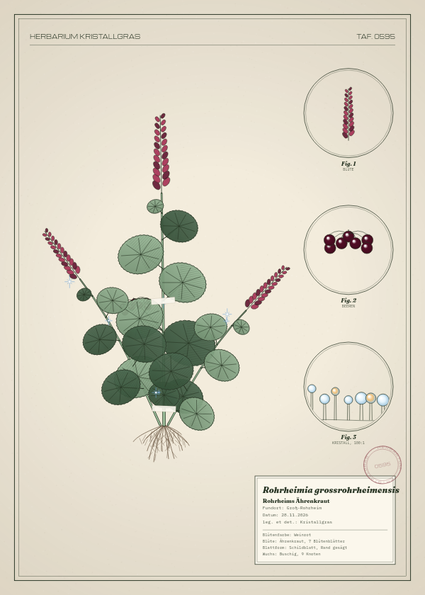 Botanische Tafel: Rohrheimia grossrohrheimensis, eine erfundene Pflanze aus Groß-Rohrheim, gezeichnet wie in einem alten Pflanzenatlas