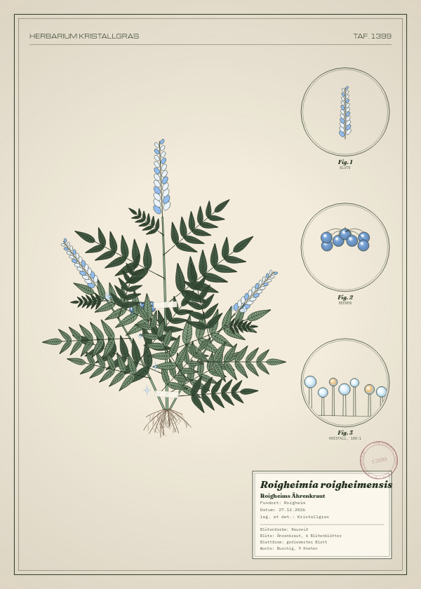 Botanische Tafel: Roigheimia roigheimensis, eine erfundene Pflanze aus Roigheim, gezeichnet wie in einem alten Pflanzenatlas