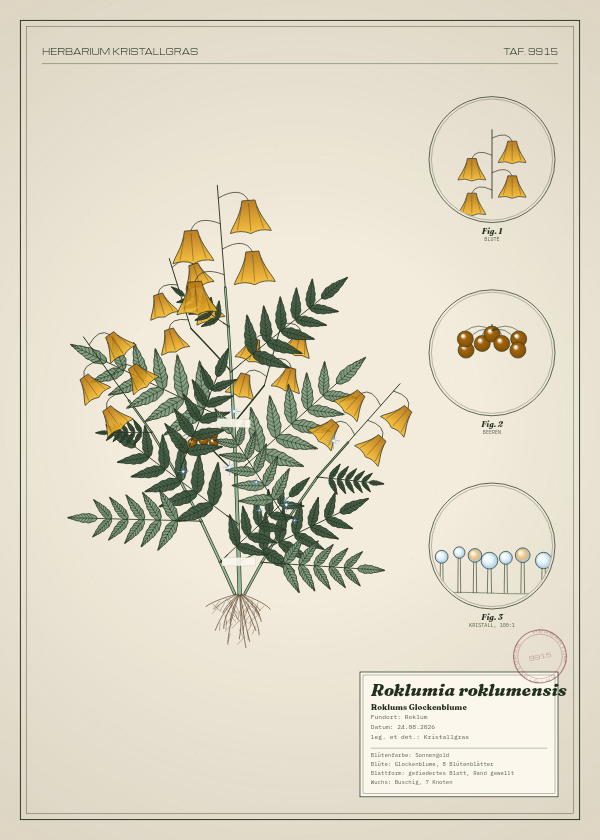 Botanische Tafel: Roklumia roklumensis, eine erfundene Pflanze aus Roklum, gezeichnet wie in einem alten Pflanzenatlas