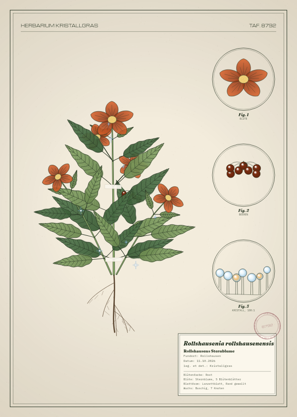 Botanische Tafel: Rollshausenia rollshausenensis, eine erfundene Pflanze aus Rollshausen, gezeichnet wie in einem alten Pflanzenatlas