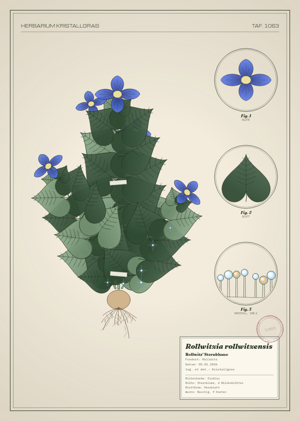 Botanische Tafel: Rollwitzia rollwitzensis, eine erfundene Pflanze aus Rollwitz, gezeichnet wie in einem alten Pflanzenatlas