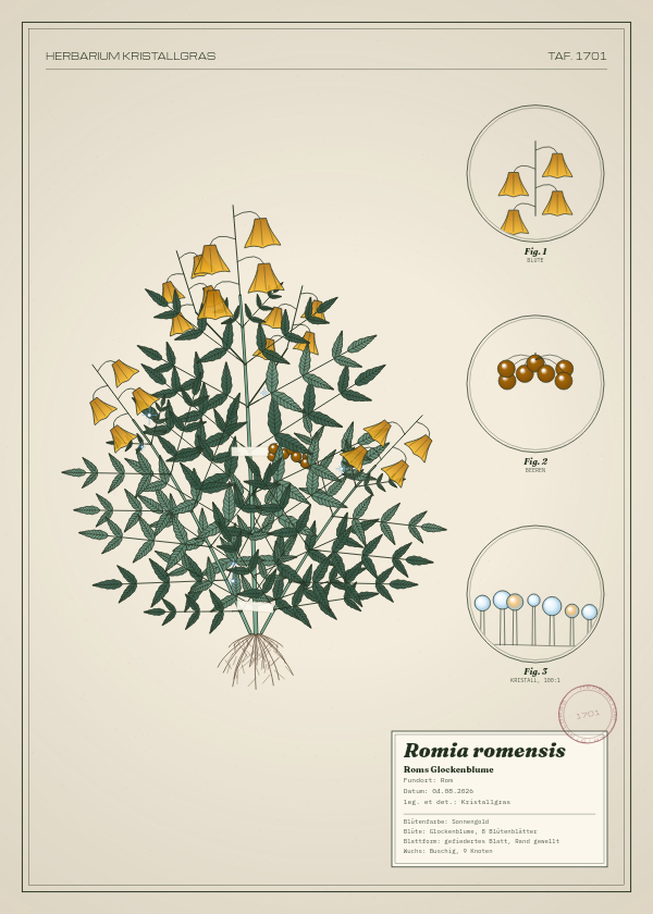 Botanische Tafel: Romia romensis, eine erfundene Pflanze aus Rom, gezeichnet wie in einem alten Pflanzenatlas