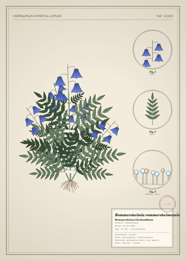 Botanische Tafel: Rommersheimia rommersheimensis, eine erfundene Pflanze aus Rommersheim, gezeichnet wie in einem alten Pflanzenatlas