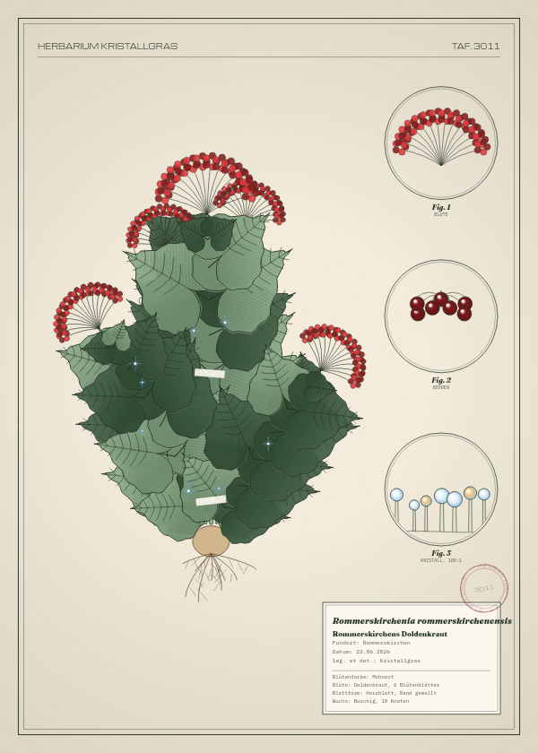 Botanische Tafel: Rommerskirchenia rommerskirchenensis, eine erfundene Pflanze aus Rommerskirchen, gezeichnet wie in einem alten Pflanzenatlas