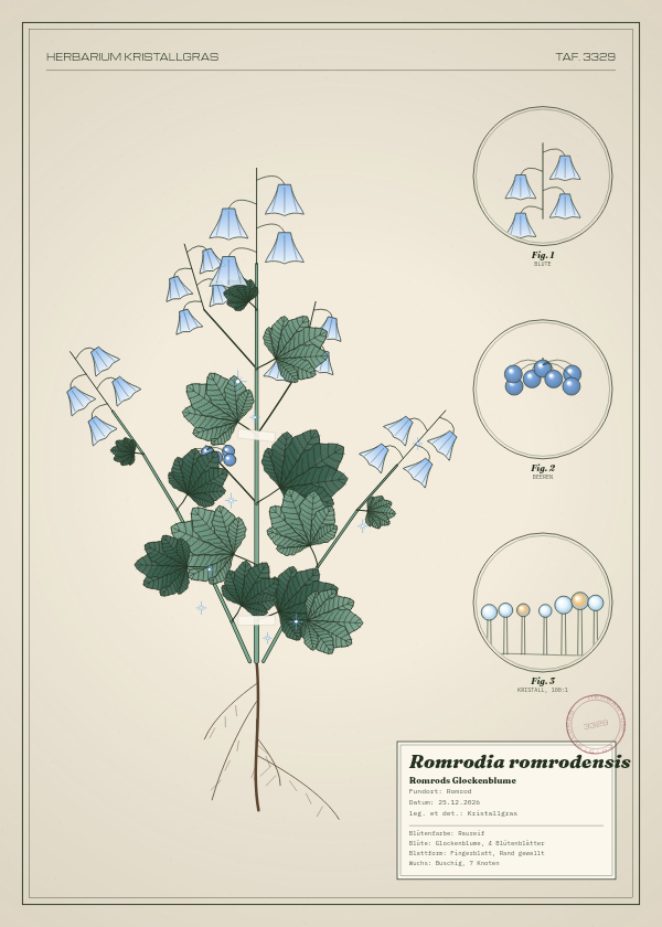 Botanische Tafel: Romrodia romrodensis, eine erfundene Pflanze aus Romrod, gezeichnet wie in einem alten Pflanzenatlas