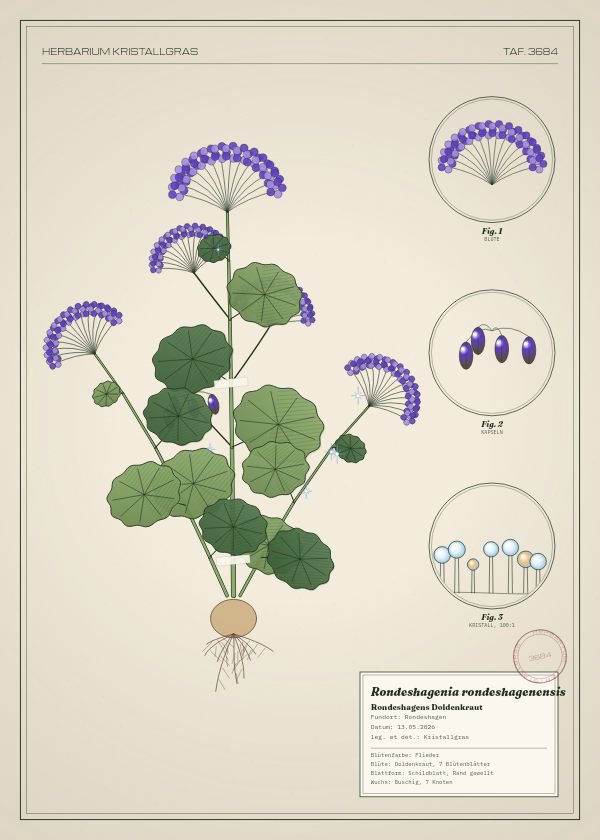 Botanische Tafel: Rondeshagenia rondeshagenensis, eine erfundene Pflanze aus Rondeshagen, gezeichnet wie in einem alten Pflanzenatlas